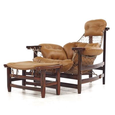 Jean Gillon Jean Gillon Jangada Brazilian Rosewood Leather Lounge Chair with Ottoman