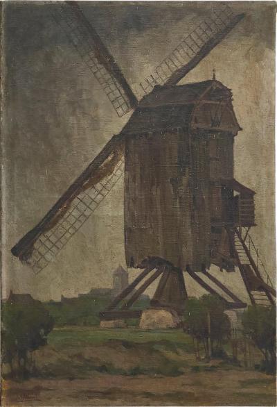 Jean Joseph Allaert Windmill in Flanders Large Oil on Canvas Belgium 1900