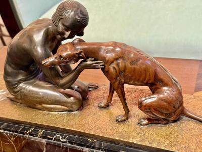 Jean Lormier J Lormier French Art Deco Bronze of a Young Woman with Borzoi Dog