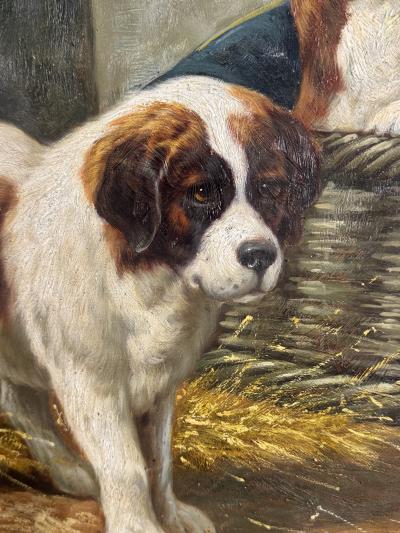 Jean Louis Lefort SIGNED VIBRANT ANTIQUE TRIO OF SAINT BERNARD PUPPIES AND BASKET OIL PAINTING