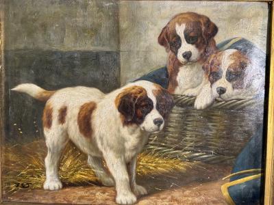 Jean Louis Lefort SIGNED VIBRANT ANTIQUE TRIO OF SAINT BERNARD PUPPIES AND BASKET OIL PAINTING