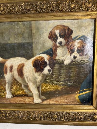 Jean Louis Lefort SIGNED VIBRANT ANTIQUE TRIO OF SAINT BERNARD PUPPIES AND BASKET OIL PAINTING