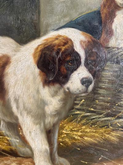Jean Louis Lefort SIGNED VIBRANT ANTIQUE TRIO OF SAINT BERNARD PUPPIES AND BASKET OIL PAINTING