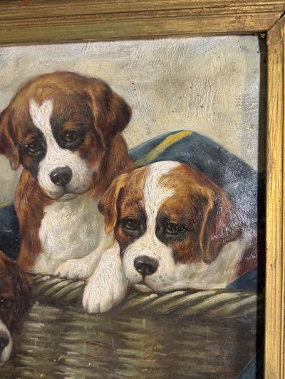 Jean Louis Lefort SIGNED VIBRANT ANTIQUE TRIO OF SAINT BERNARD PUPPIES AND BASKET OIL PAINTING