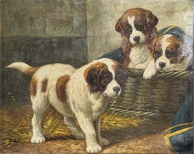 Jean Louis Lefort SIGNED VIBRANT ANTIQUE TRIO OF SAINT BERNARD PUPPIES AND BASKET OIL PAINTING