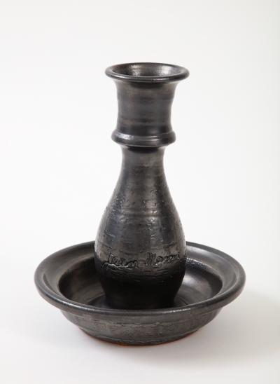 Jean Marais Jean Marais Candlestick France c 1950 signed Black Glaze Vallauris Red Clay