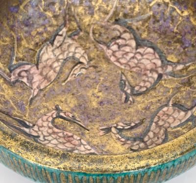 Jean Mayodon Jean Mayodon French Art Deco Ceramic Dish Four Gazelles Glazed Rose and Black