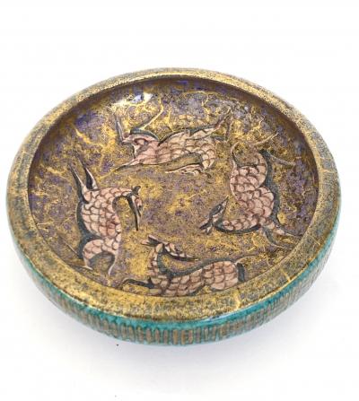 Jean Mayodon Jean Mayodon French Art Deco Ceramic Dish Four Gazelles Glazed Rose and Black