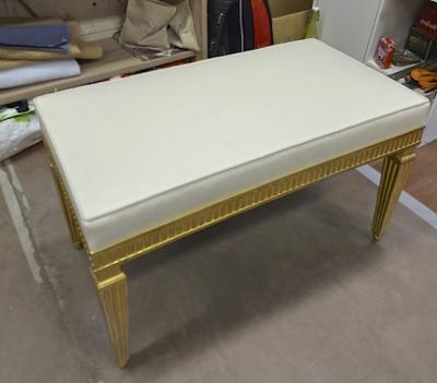 Jean Michel Frank J M Frank style refined neo classic gold leaf carved wood bench covered in silk