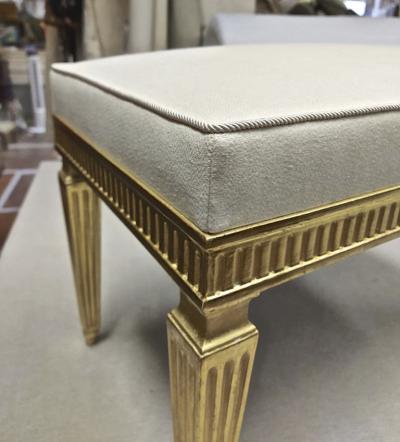 Jean Michel Frank J M Frank style refined neo classic gold leaf carved wood bench covered in silk