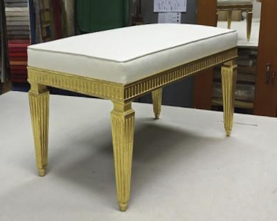 Jean Michel Frank J M Frank style refined neo classic gold leaf carved wood bench covered in silk