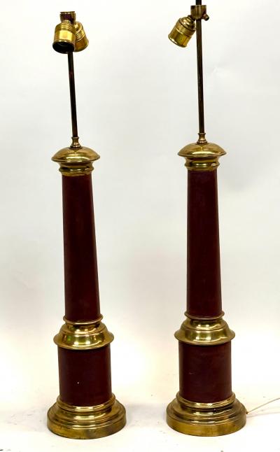 Jean Michel Frank Pair French Midcentury Modern Brass Red Enamel Table Lamps