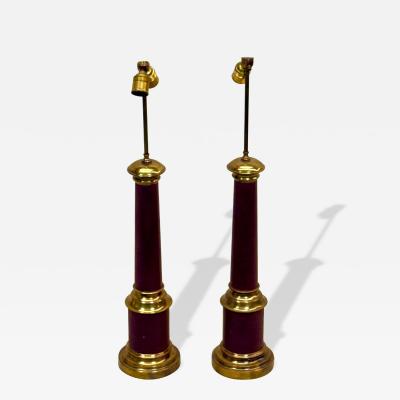 Jean Michel Frank Pair French Midcentury Modern Brass Red Enamel Table Lamps