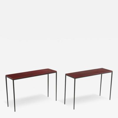 Jean Michel Frank Pair hand stiched iron leather console tables manner of Jean Michel Frank 