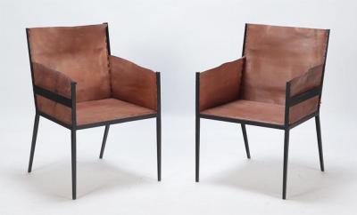 Jean Michel Frank Pair of Contemporary Iron and tailored leather armchairs manner of Frank