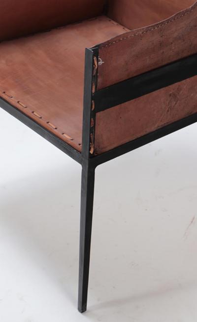 Jean Michel Frank Pair of Contemporary Iron and tailored leather armchairs manner of Frank