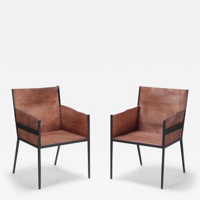 Jean Michel Frank Pair of Contemporary Iron and tailored leather armchairs manner of Frank