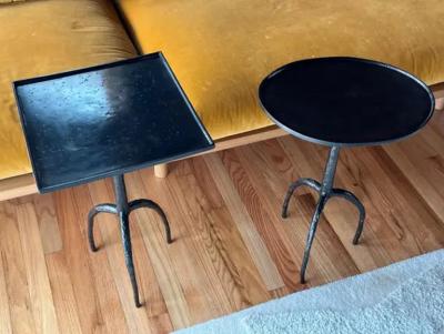 Jean Michel Frank Pair of French Hand Hammered Wrought Iron Side Tables in the style of Giacometti