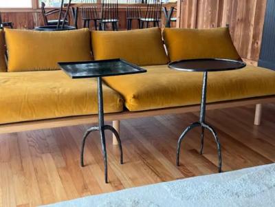 Jean Michel Frank Pair of French Hand Hammered Wrought Iron Side Tables in the style of Giacometti