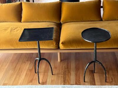 Jean Michel Frank Pair of French Hand Hammered Wrought Iron Side Tables in the style of Giacometti