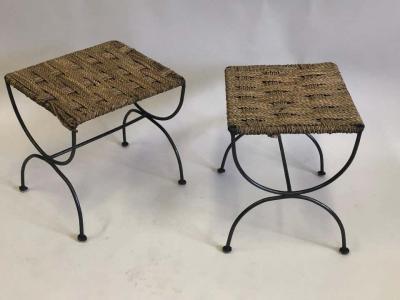 Jean Michel Frank Pair of French Mid Century Modern Iron Rope Stools Benches Jean Michel Frank