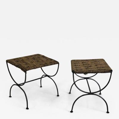 Jean Michel Frank Pair of French Mid Century Modern Iron Rope Stools Benches Jean Michel Frank