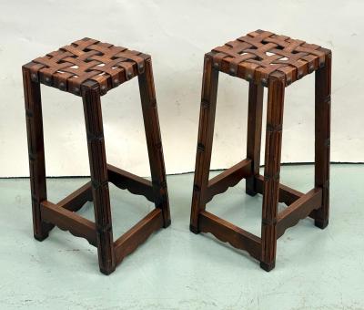 Jean Michel Frank Pair of French Modern Craftsman Leather Strap Bar Stools Jean MIchel Frank 1940