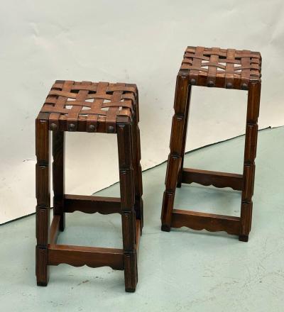 Jean Michel Frank Pair of French Modern Craftsman Leather Strap Bar Stools Jean MIchel Frank 1940