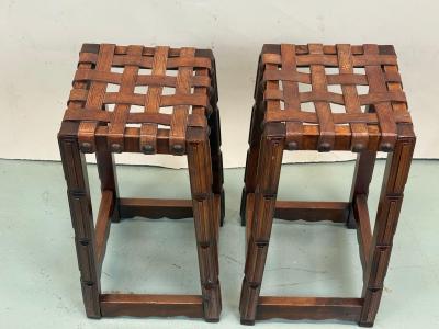 Jean Michel Frank Pair of French Modern Craftsman Leather Strap Bar Stools Jean MIchel Frank 1940