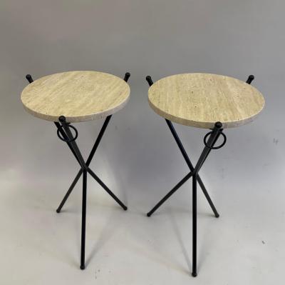 Jean Michel Frank Pair of French Modern Neoclassical Iron Stone Side Tables Jean Michel Frank