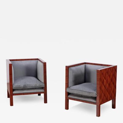 Jean Michel Frank Pair of mahogany upholstered cube chairs in the manner of Jean Michel Frank 