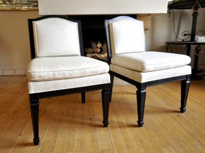Jean Michel Frank Style of J M Frank Neoclassic Pair of Slipper Chairs Covered in Silk