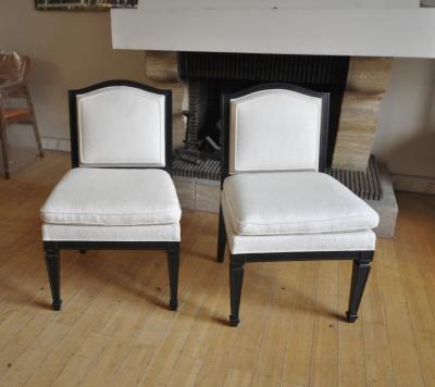 Jean Michel Frank Style of J M Frank Neoclassic Pair of Slipper Chairs Covered in Silk