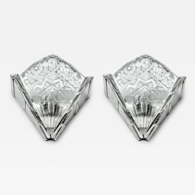 Jean Noverdy Pair of French Art Deco Flower Geometric Wall Sconces Signed by Noverdy
