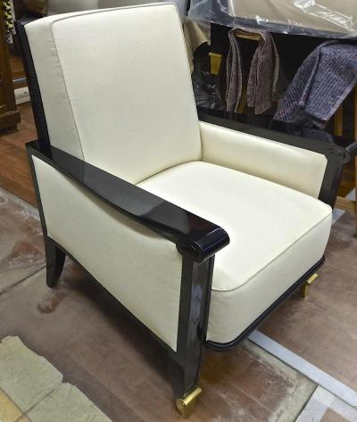 Jean Pascaud Jean Pascaud documented pair of black lacquered arm chairs with gold end leg