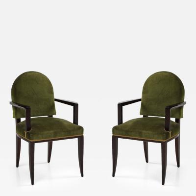 Jean Pascaud Pair of Jean Pascaud Ebonized Mahogany Velvet Round Back Chairs France 1935