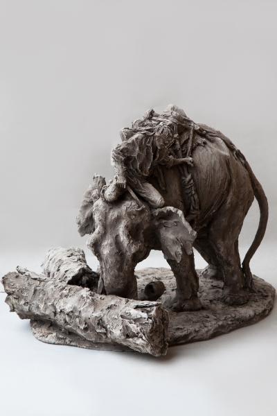 Jean Paul Gourdon INDIAN ELEPHANT WITH A MAHOUT IN GREY TERRACOTTA by Jean Paul Gourdon born 1956