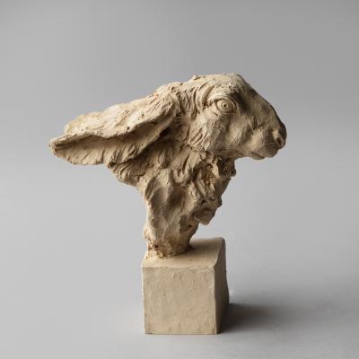 Jean Paul Gourdon SCULPTURE OF HARES HEAD WITH EARS FOLDED MOUNTED ON A SQUARE SOCLE 