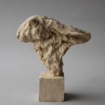 Jean Paul Gourdon SCULPTURE OF HARES HEAD WITH EARS FOLDED MOUNTED ON A SQUARE SOCLE 