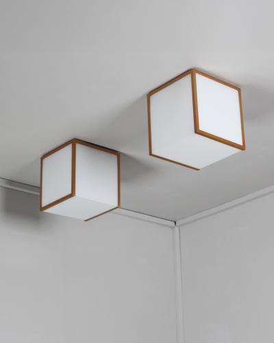 Jean Perzel 2 Fine French 1970s Cubical Glass and Brass Flush Mounts by Perzel