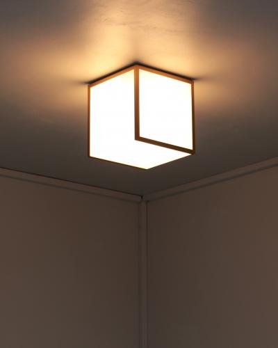 Jean Perzel 2 Fine French 1970s Cubical Glass and Brass Flush Mounts by Perzel