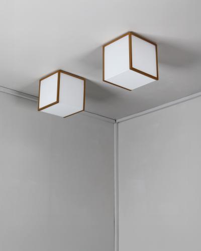 Jean Perzel 2 Fine French 1970s Cubical Glass and Brass Flush Mounts by Perzel