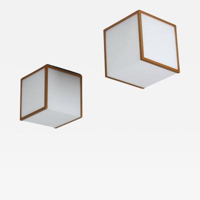 Jean Perzel 2 Fine French 1970s Cubical Glass and Brass Flush Mounts by Perzel