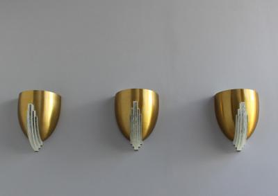 Jean Perzel 3 Fine French Art Deco Bronze and Crystal Clear Glass Sconces by Jean Perzel