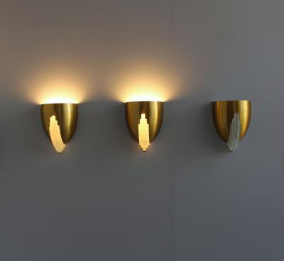 Jean Perzel 3 Fine French Art Deco Bronze and Crystal Clear Glass Sconces by Jean Perzel