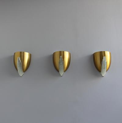 Jean Perzel 3 Fine French Art Deco Bronze and Crystal Clear Glass Sconces by Jean Perzel