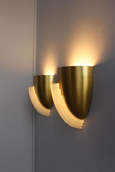 Jean Perzel 3 Fine French Art Deco Bronze and Crystal Clear Glass Sconces by Jean Perzel