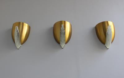 Jean Perzel 3 Fine French Art Deco Bronze and Crystal Clear Glass Sconces by Jean Perzel