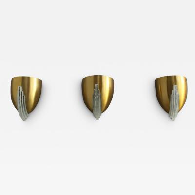 Jean Perzel 3 Fine French Art Deco Bronze and Crystal Clear Glass Sconces by Jean Perzel