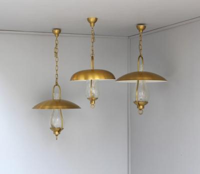 Jean Perzel 3 Fine French Bronze and Craquel Glass Hanging Lanterns by Jean Perzel